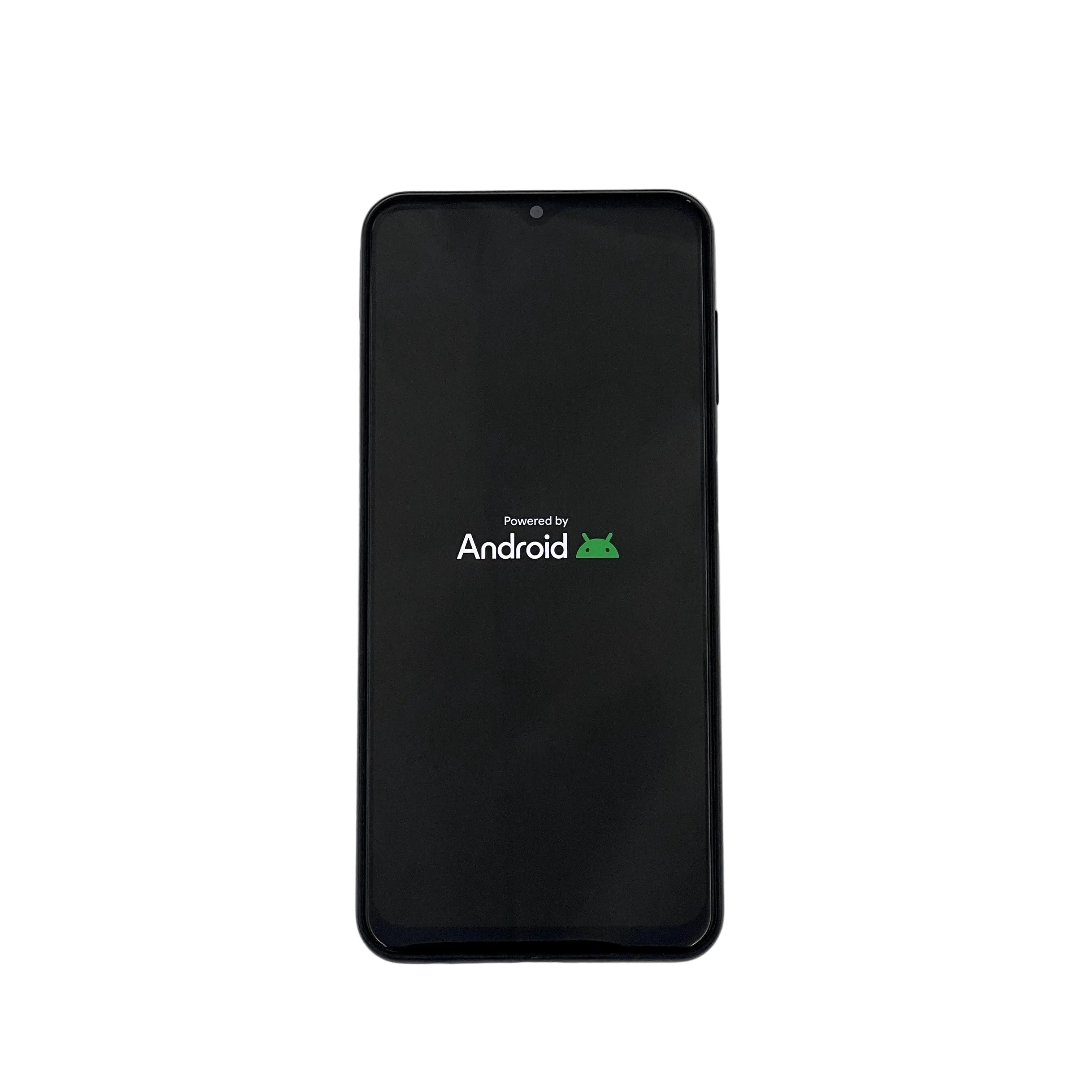 Smartphone with 'Powered by Android' logo on a light gray background
